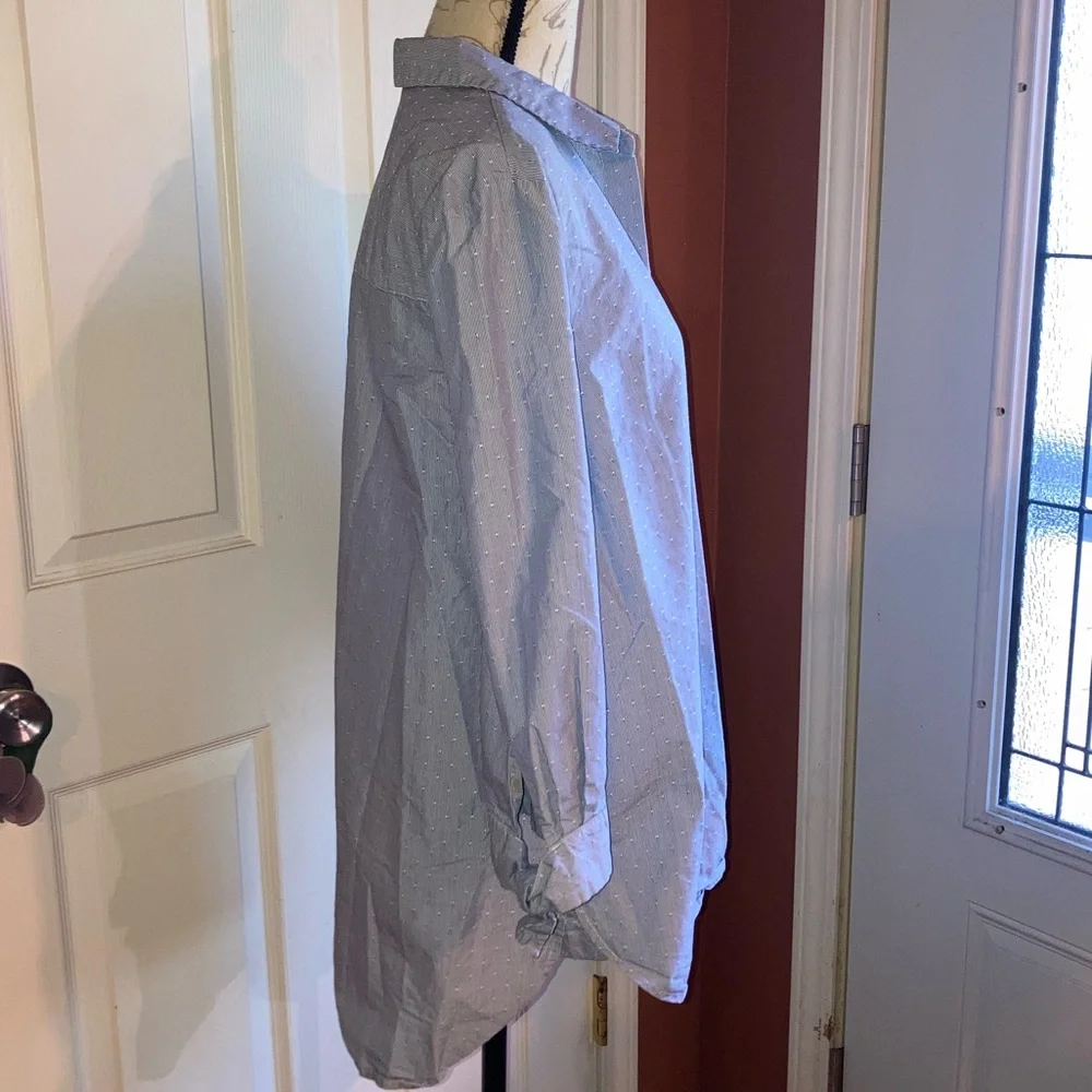 Roz & Ali Swiss Dot Casual Button Down Collared 3/4 Sleeve Top Blue White Large - Picture 3 of 8